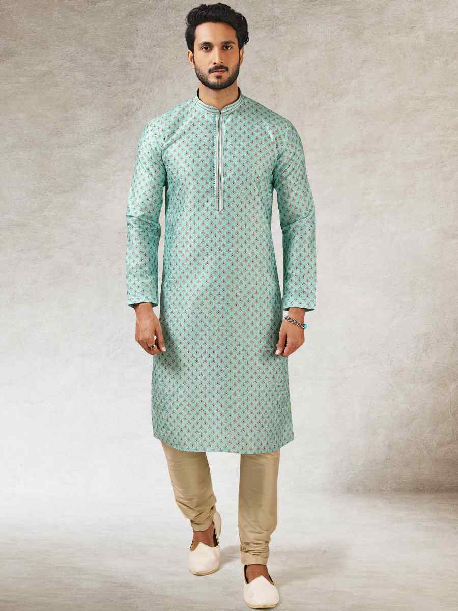 Sea Green Art Silk Printed Festival Kurta