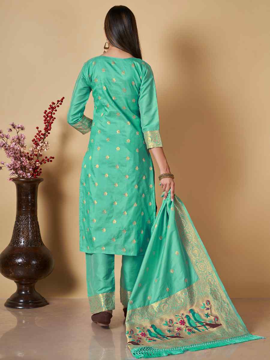 Sea Green Banarasi Handwoven Mehendi Festival Pant Salwar Kameez