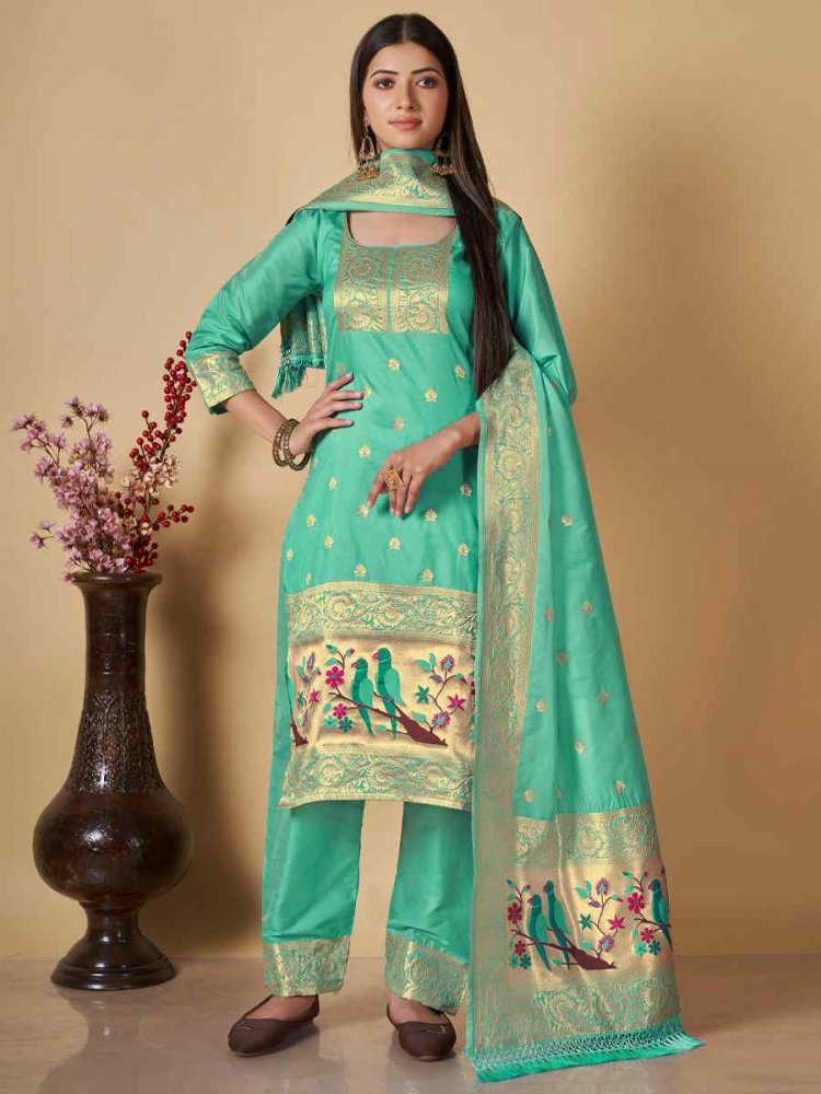 Sea Green Banarasi Handwoven Mehendi Festival Pant Salwar Kameez