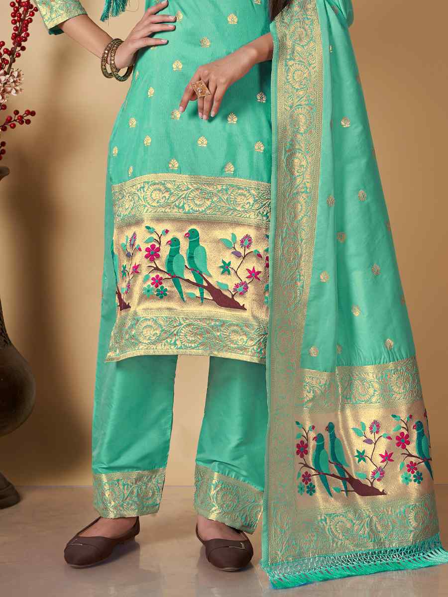 Sea Green Banarasi Handwoven Mehendi Festival Pant Salwar Kameez