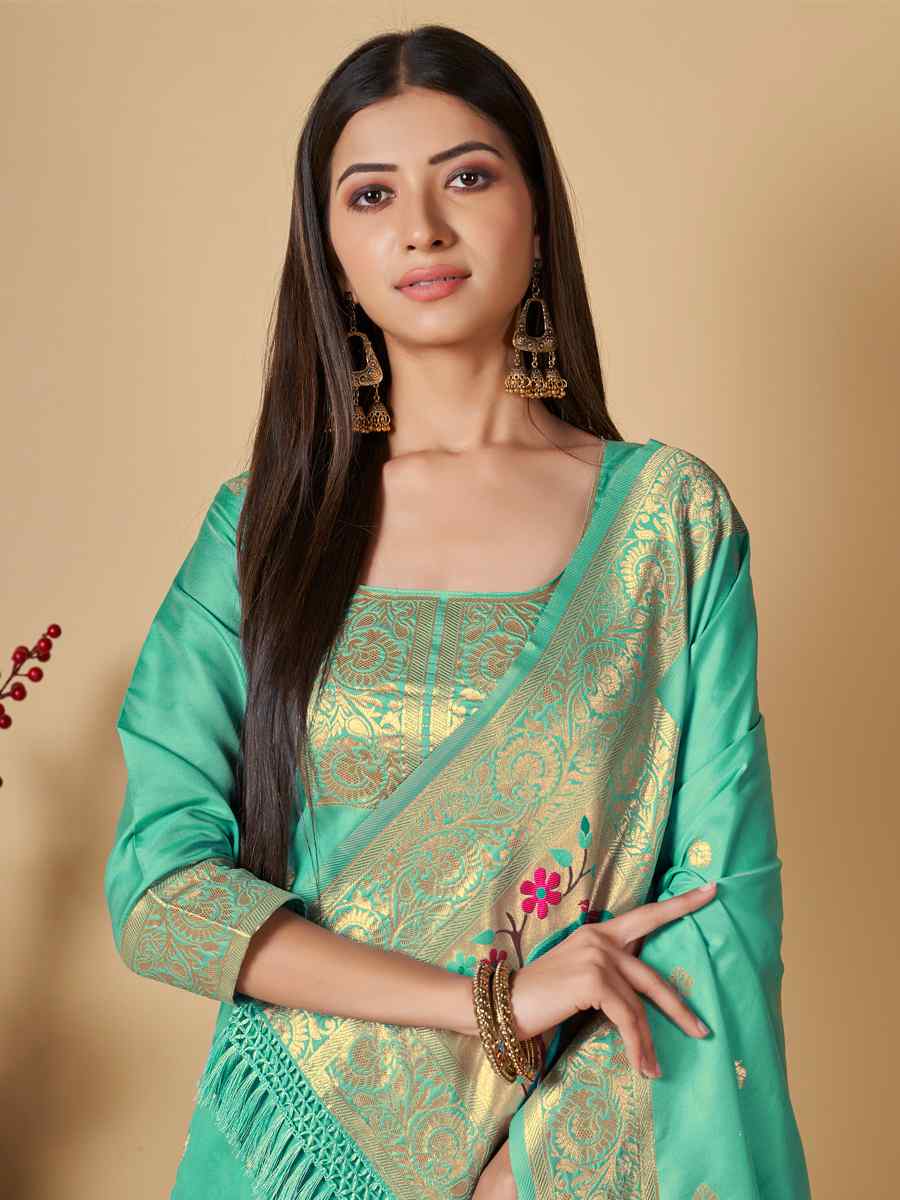Sea Green Banarasi Handwoven Mehendi Festival Pant Salwar Kameez