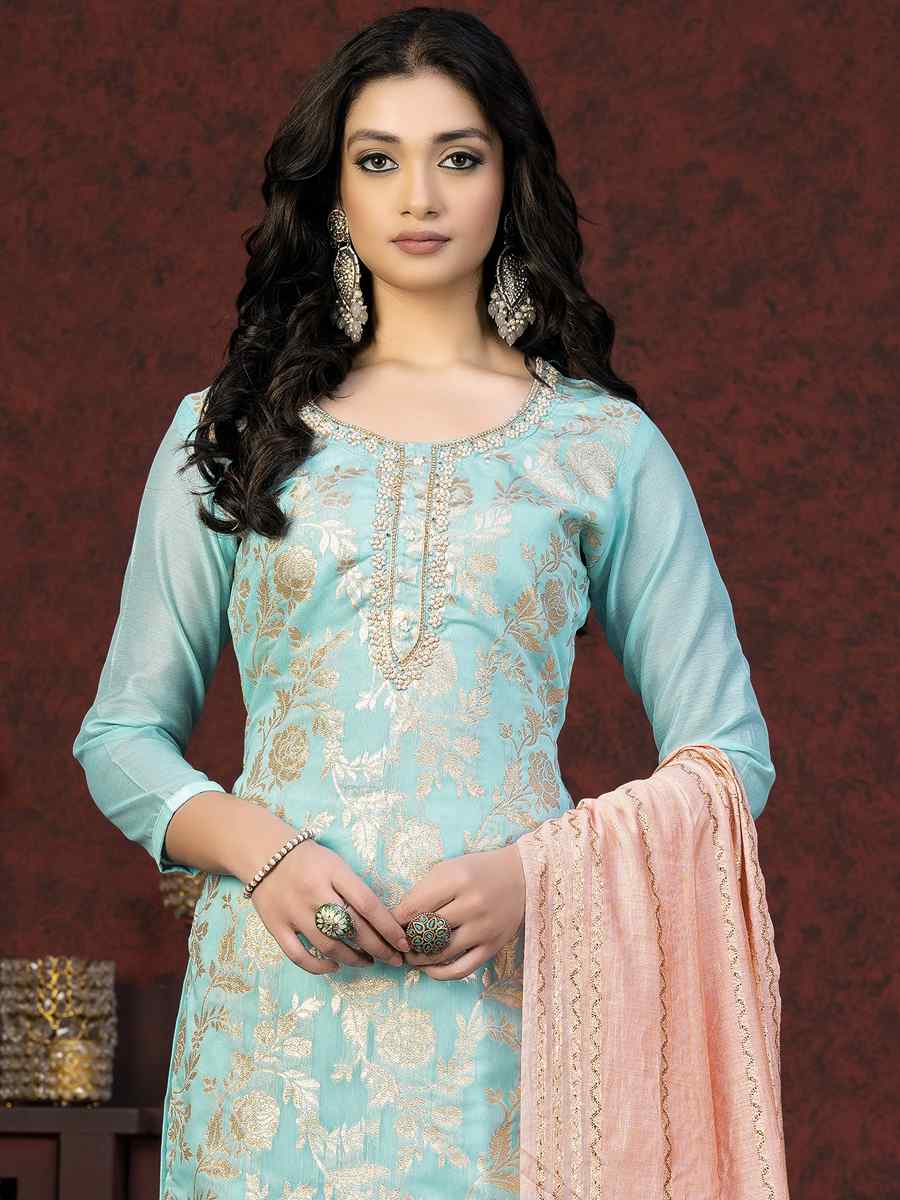 Sea Green Banarasi Jacquard Embroidered Casual Festival Pant Salwar Kameez