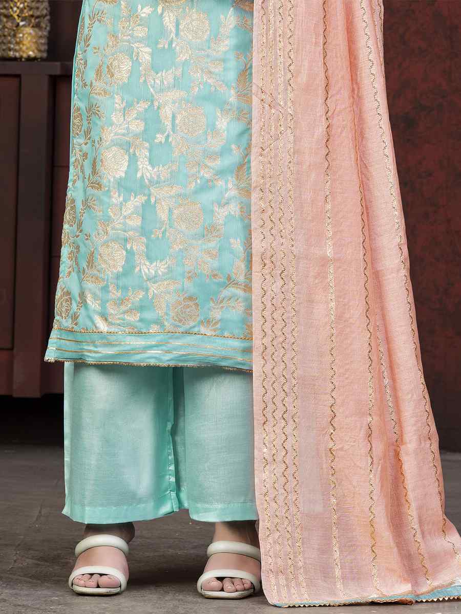 Sea Green Banarasi Jacquard Embroidered Casual Festival Pant Salwar Kameez