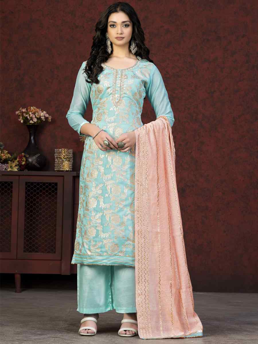 Sea Green Banarasi Jacquard Embroidered Casual Festival Pant Salwar Kameez