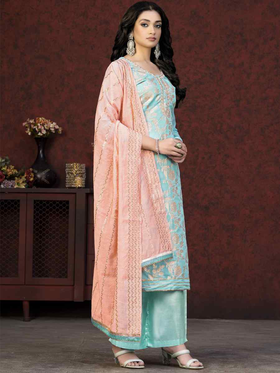 Sea Green Banarasi Jacquard Embroidered Casual Festival Pant Salwar Kameez