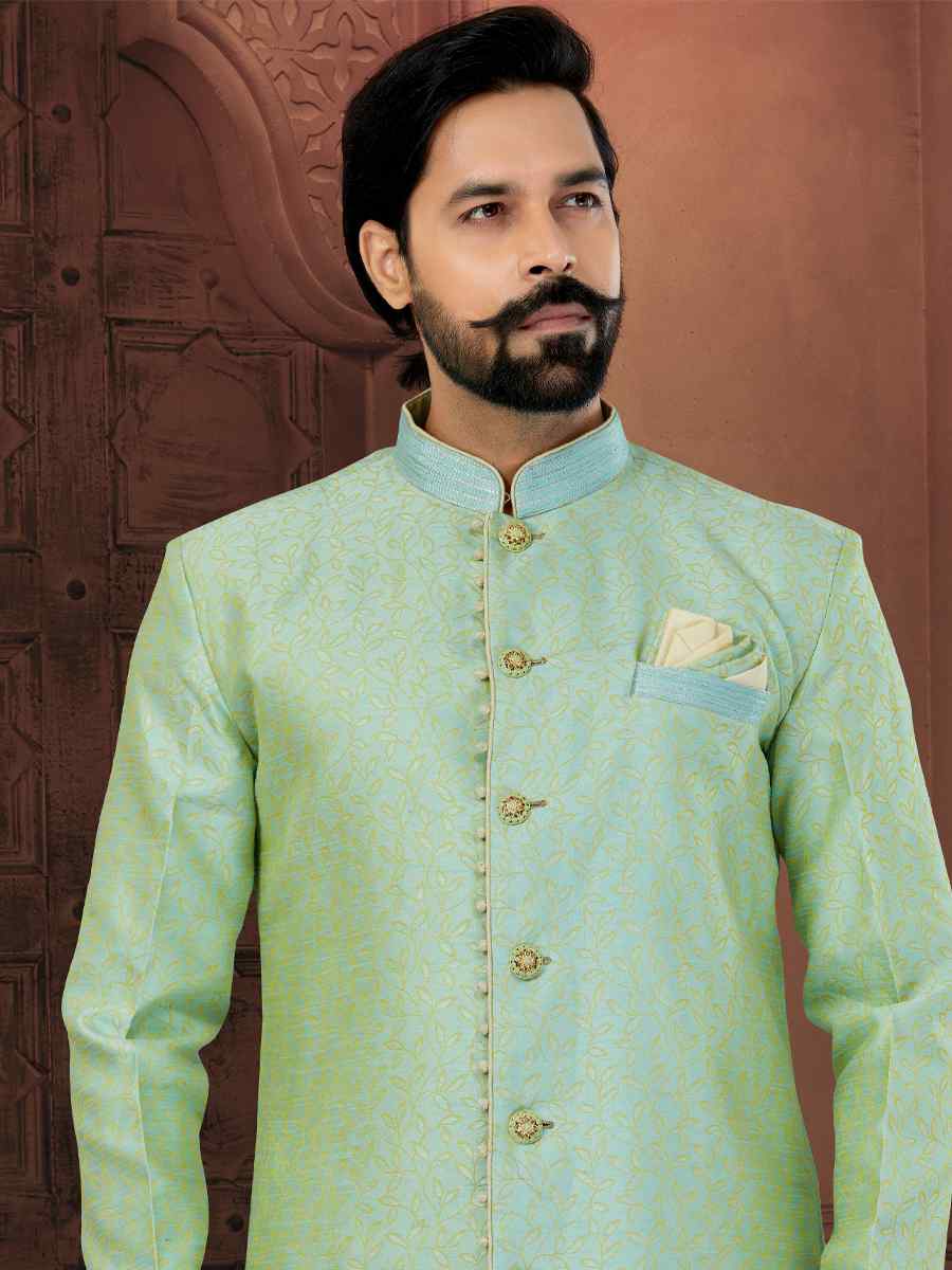 Sea Green Banarasi Jacquard Embroidered Wedding Groom Sherwani