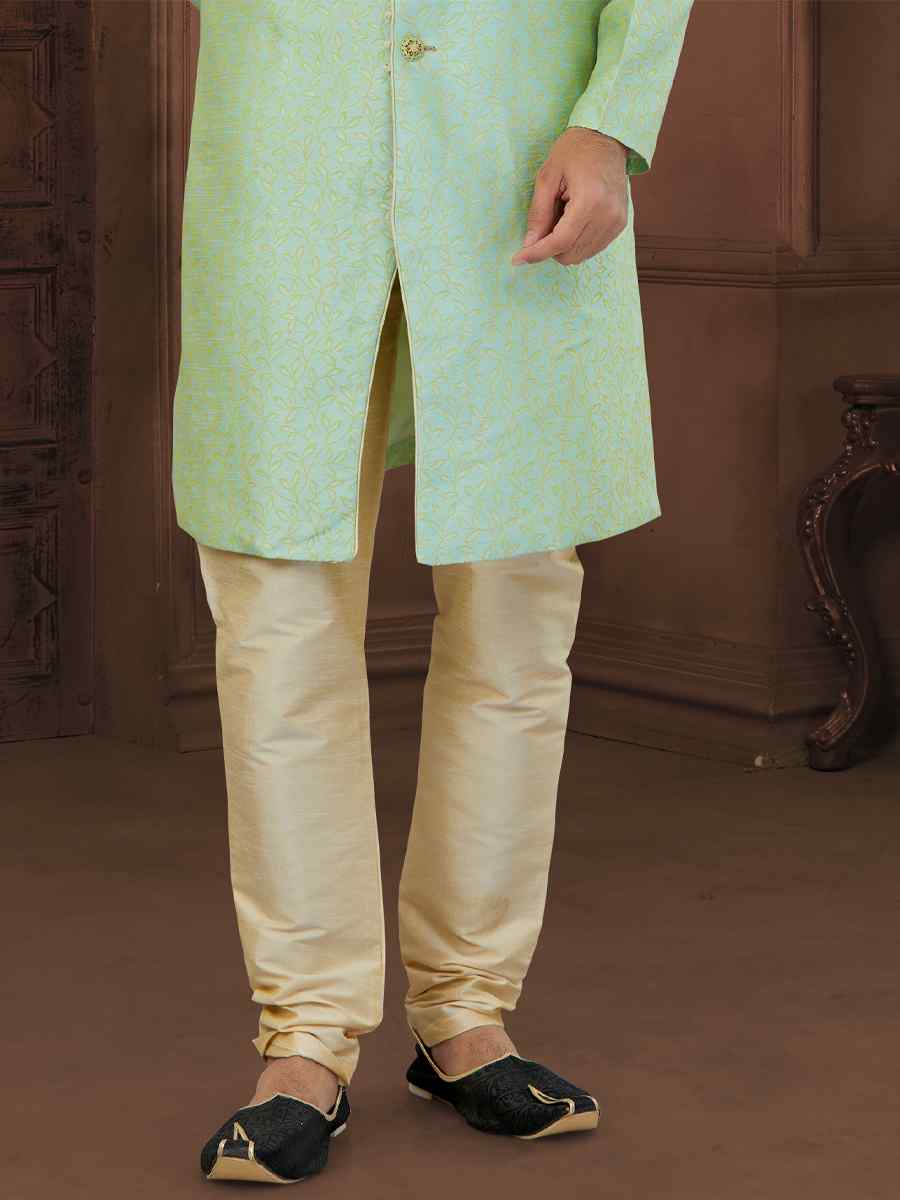 Sea Green Banarasi Jacquard Embroidered Wedding Groom Sherwani