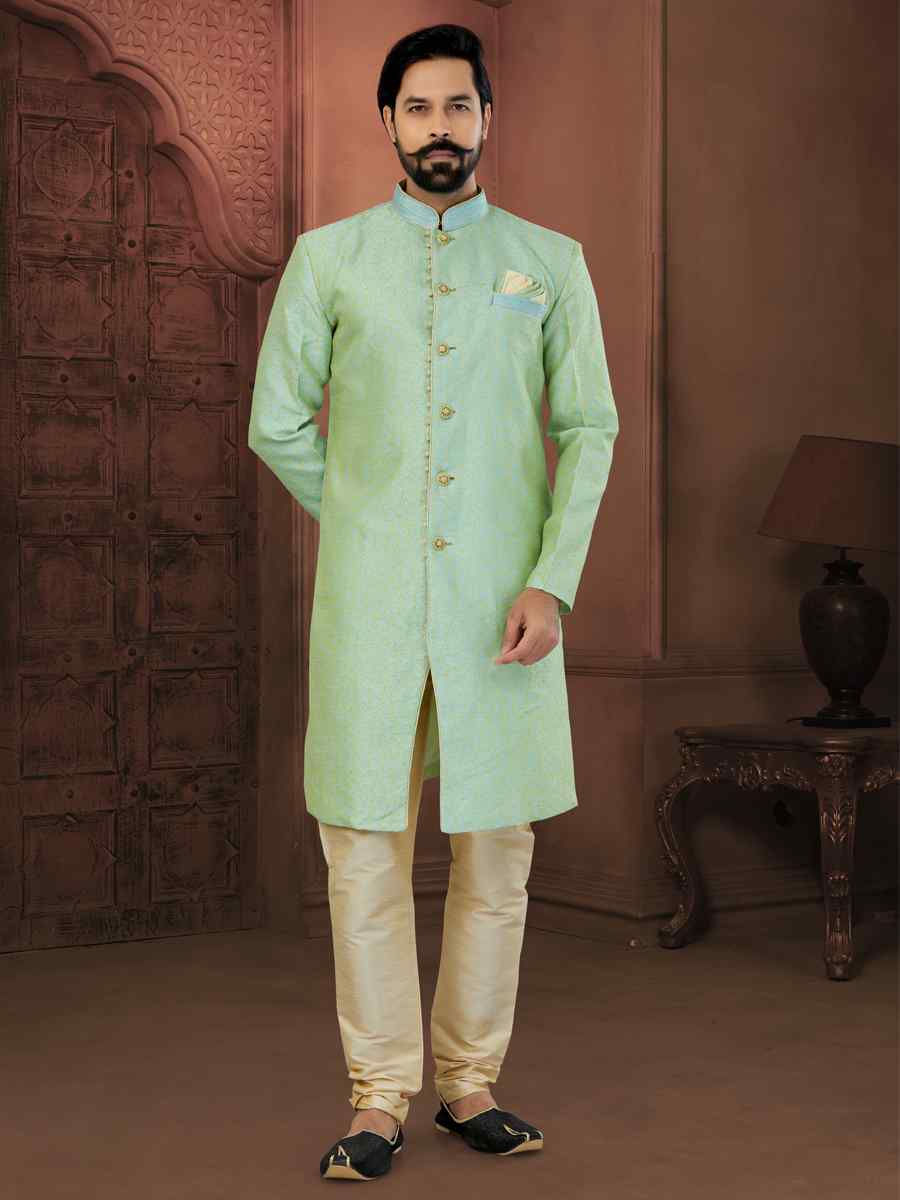 Sea Green Banarasi Jacquard Embroidered Wedding Groom Sherwani