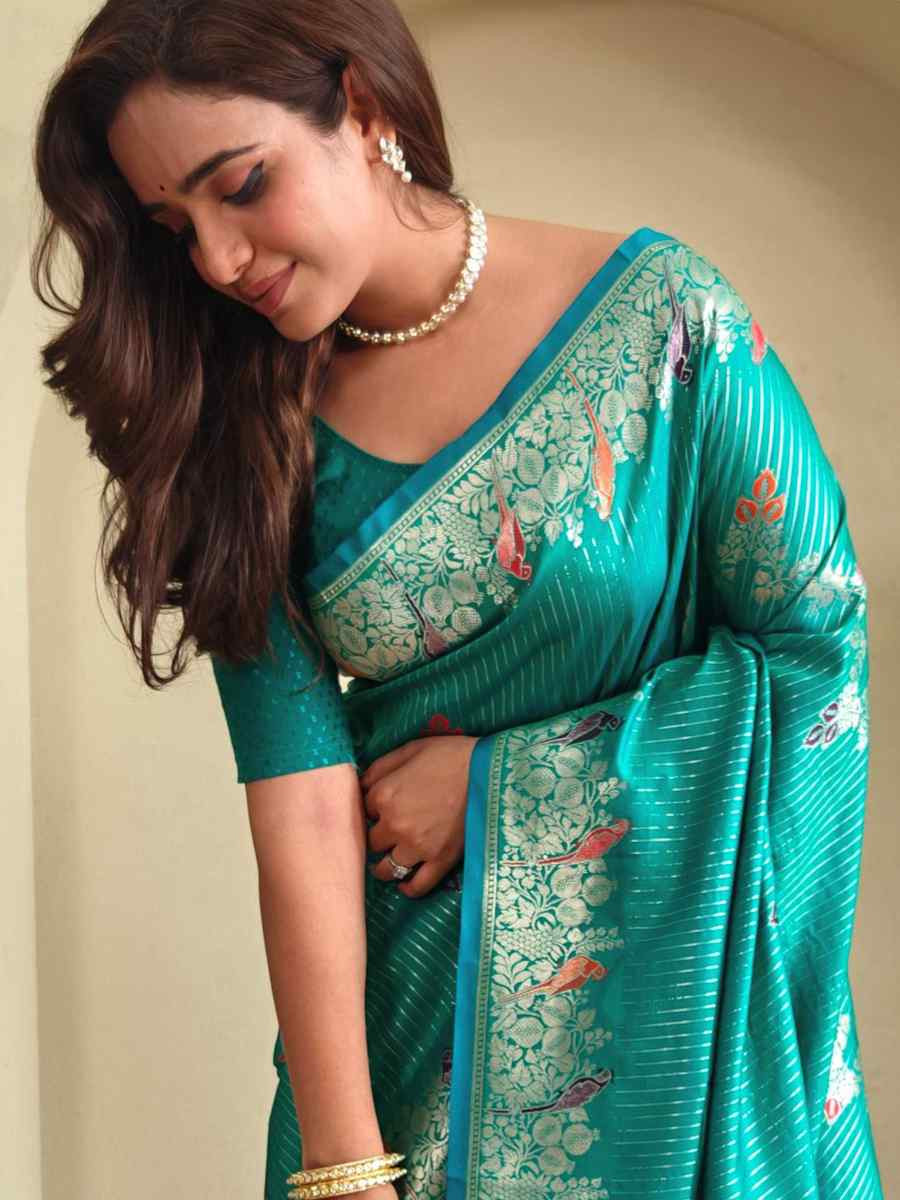 Sea Green Banarasi Mushro Satin Silk Handwoven Festival Wedding Fancy Heavy Border Saree