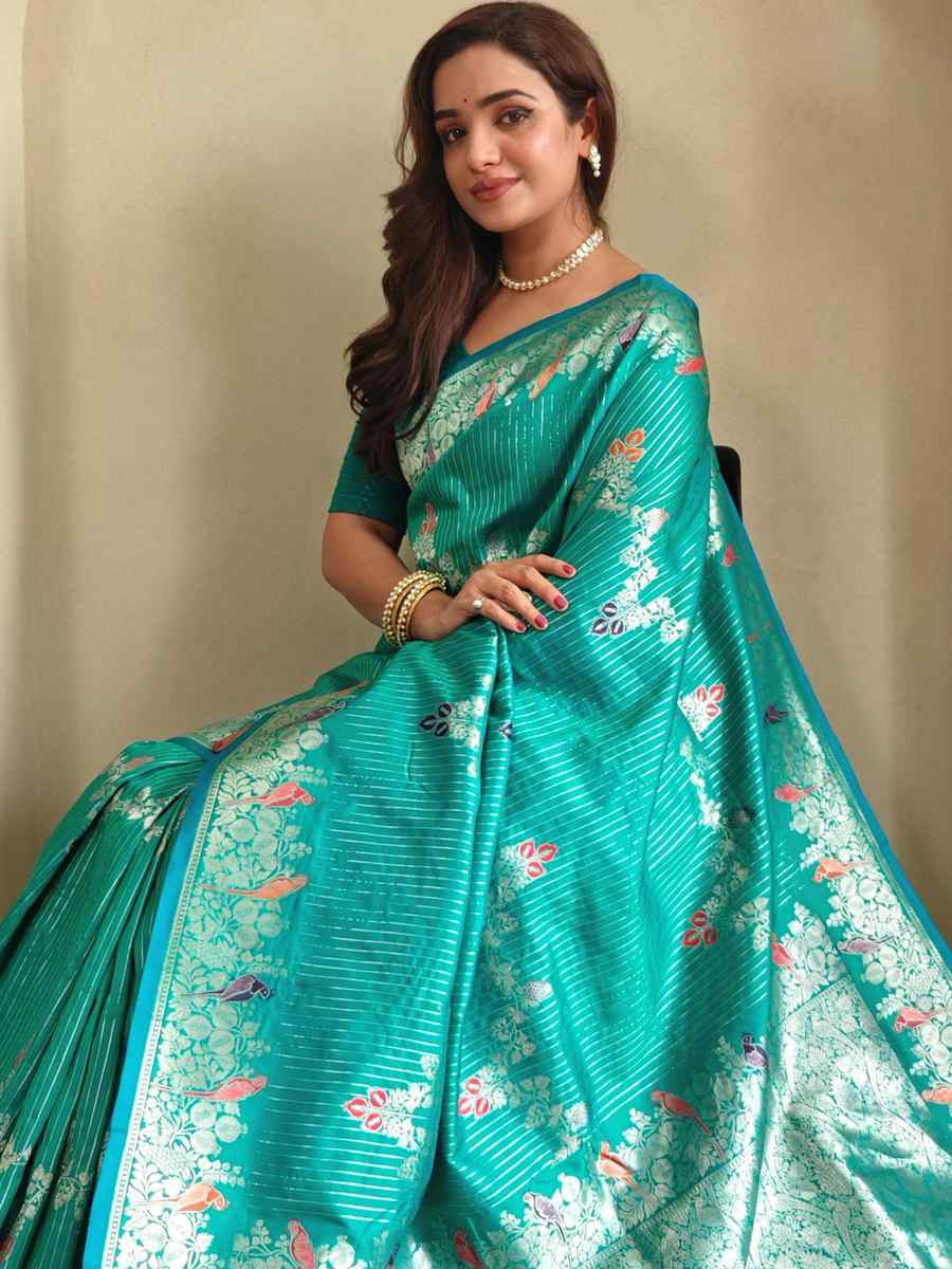 Sea Green Banarasi Mushro Satin Silk Handwoven Festival Wedding Fancy Heavy Border Saree