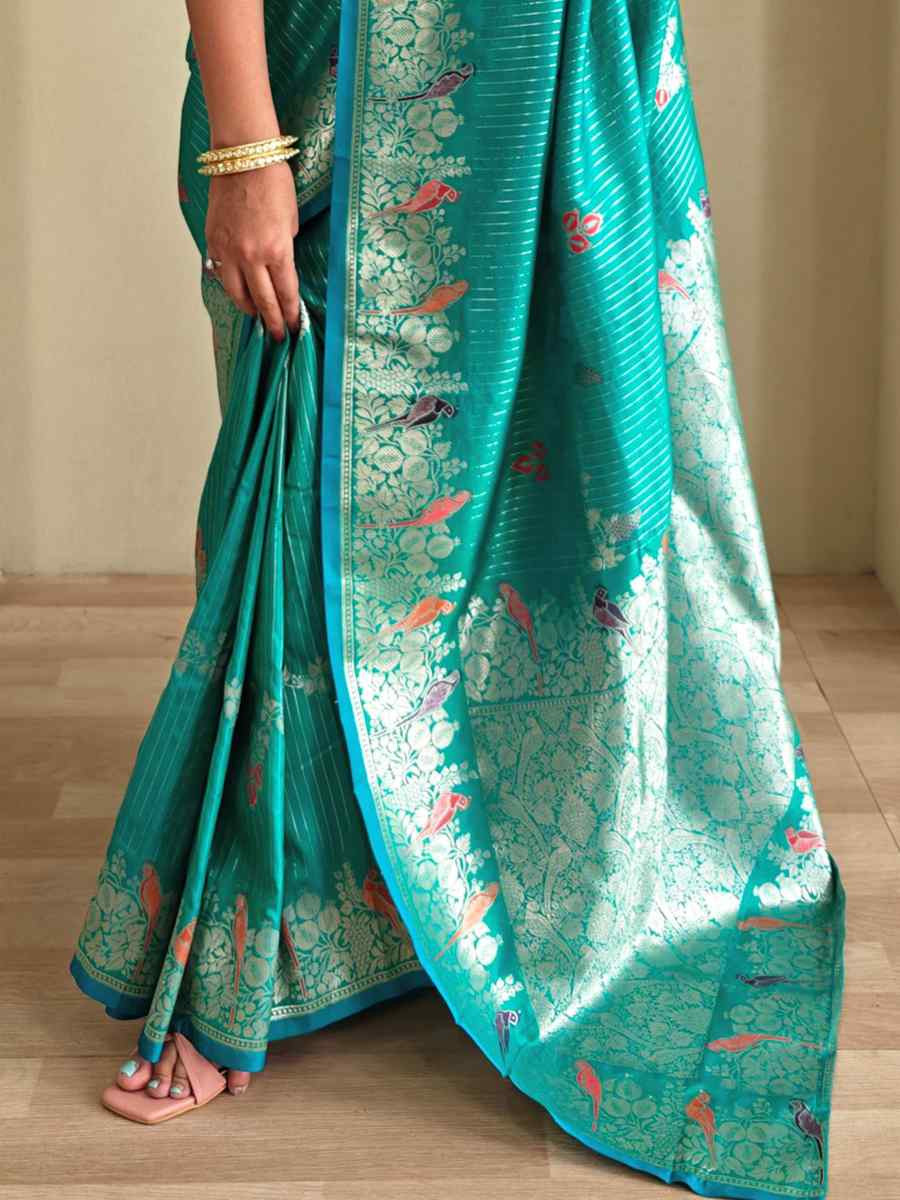 Sea Green Banarasi Mushro Satin Silk Handwoven Festival Wedding Fancy Heavy Border Saree