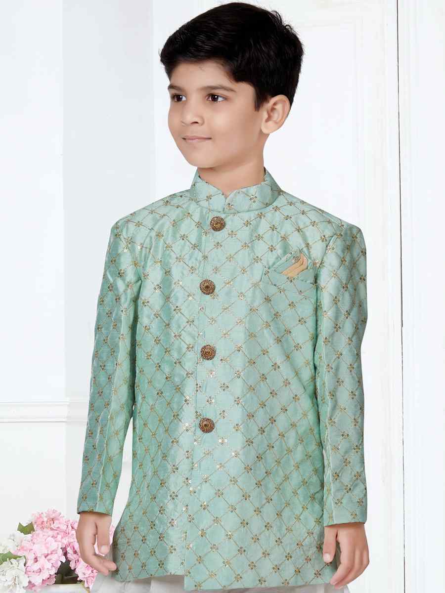 Sea Green Banarasi Silk Floral Party Festival Kurta Dhoti Boys Wear