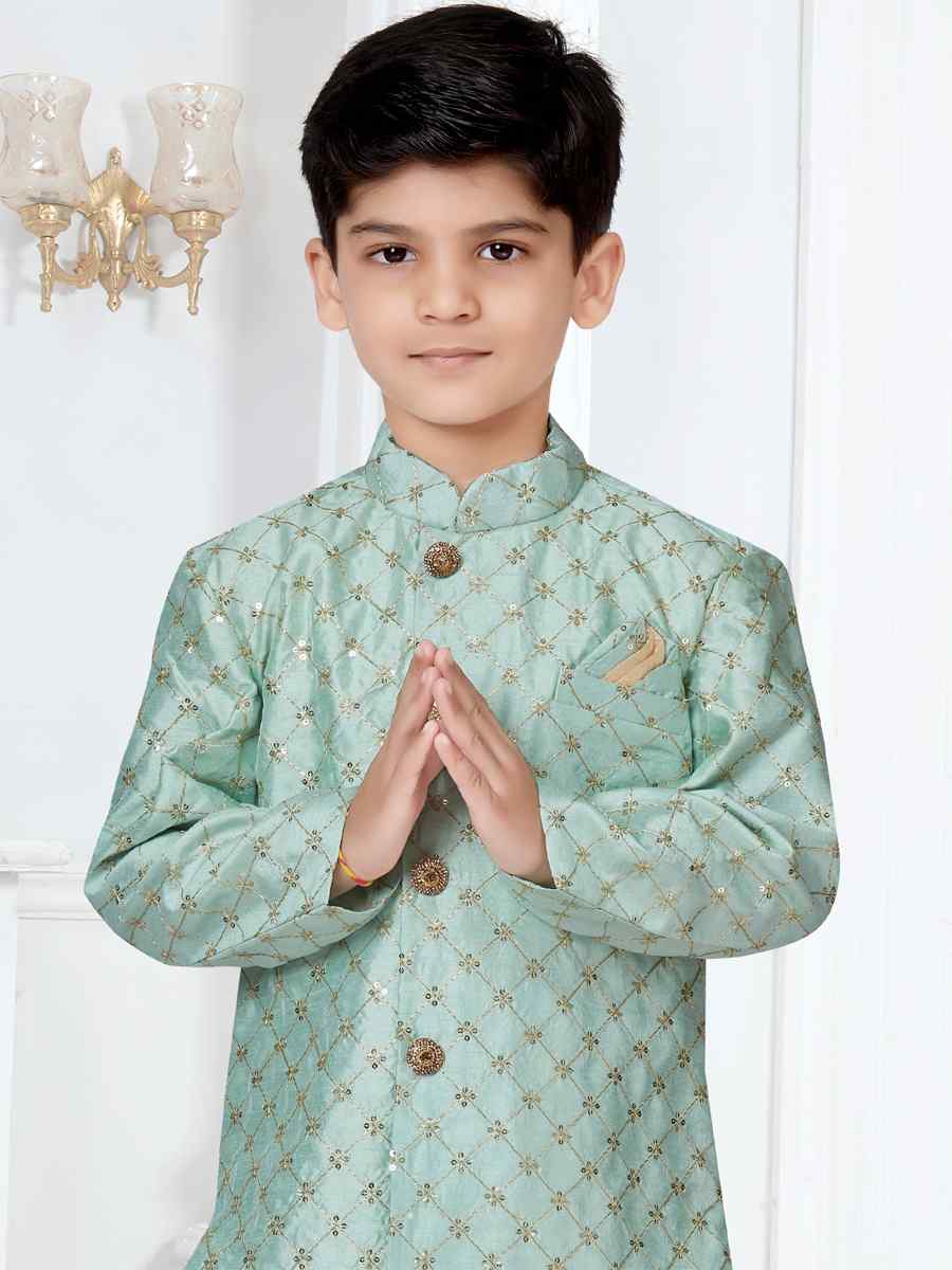 Sea Green Banarasi Silk Floral Party Festival Kurta Dhoti Boys Wear