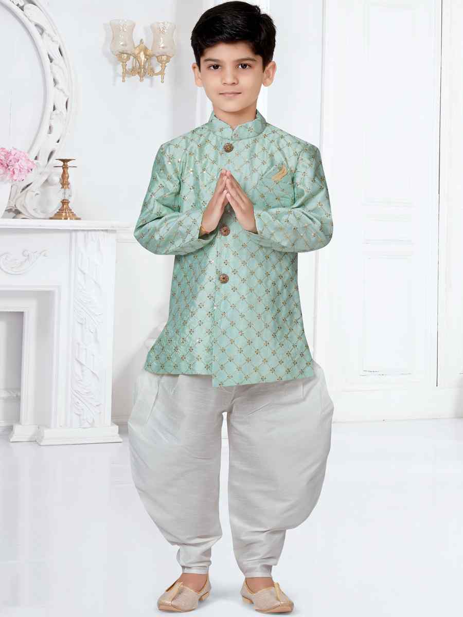 Sea Green Banarasi Silk Floral Party Festival Kurta Dhoti Boys Wear