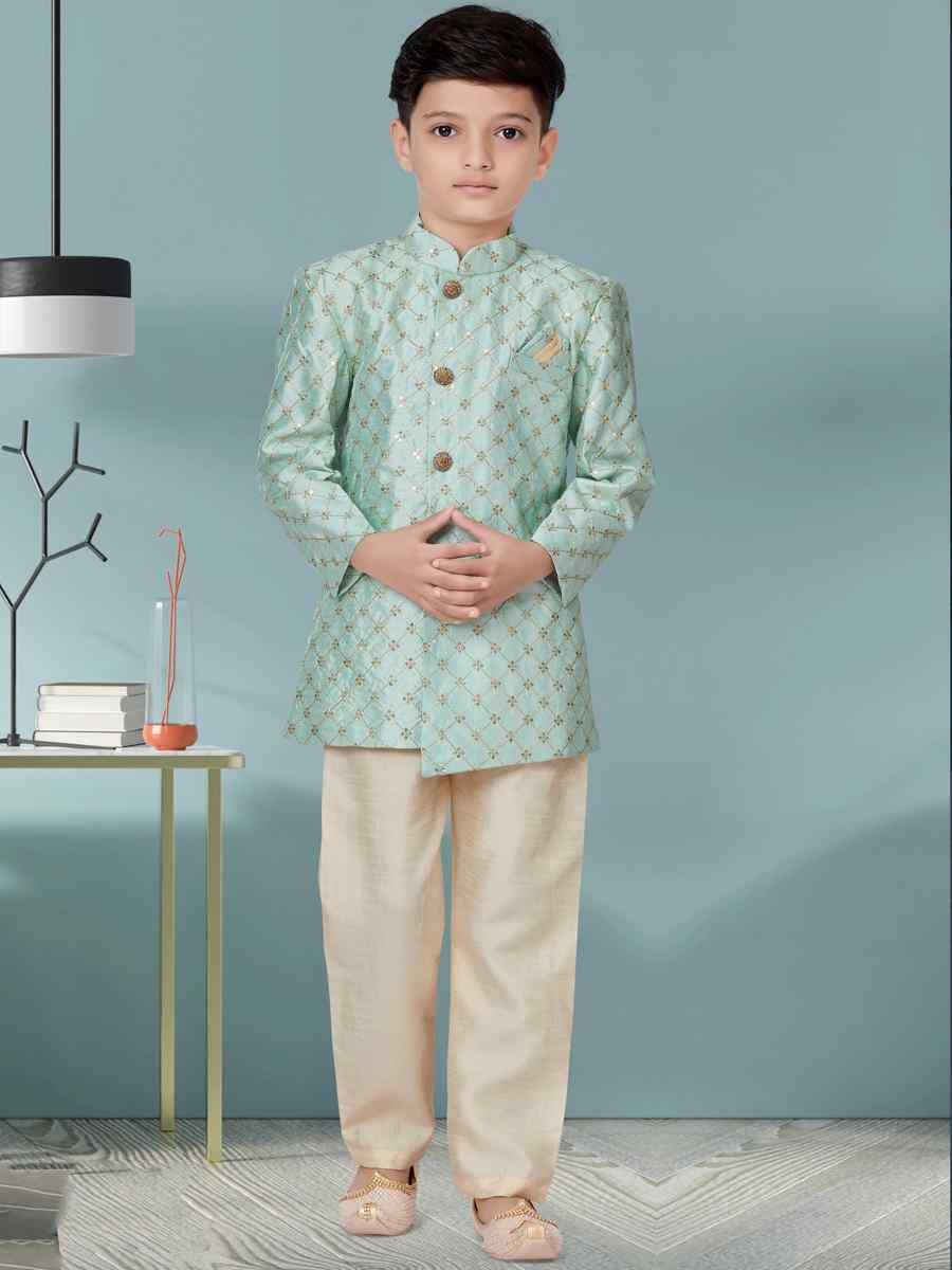 Sea Green Banarasi Silk Floral Party Festival Kurta Pyjama Boys Wear