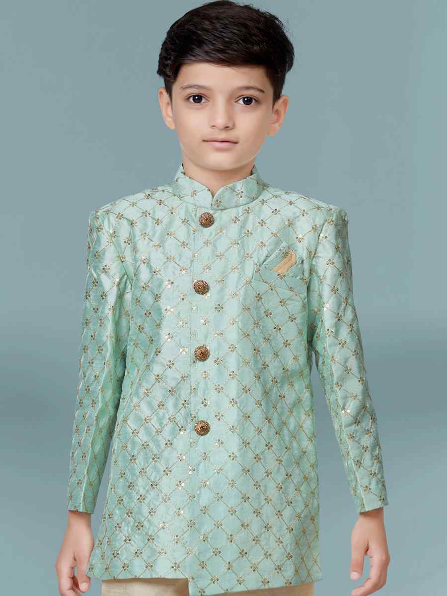 Sea Green Banarasi Silk Floral Party Festival Kurta Pyjama Boys Wear