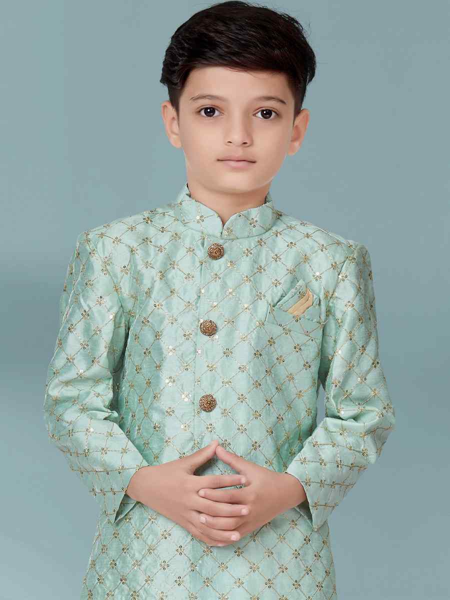 Sea Green Banarasi Silk Floral Party Festival Kurta Pyjama Boys Wear