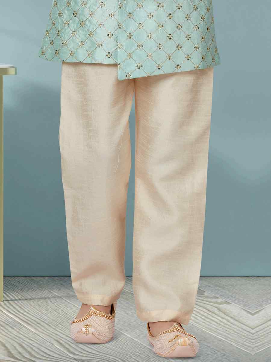 Sea Green Banarasi Silk Floral Party Festival Kurta Pyjama Boys Wear