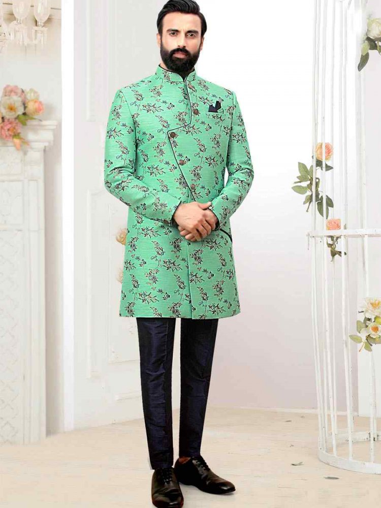 Sea green Brocade Woven Party Wedding Sherwani