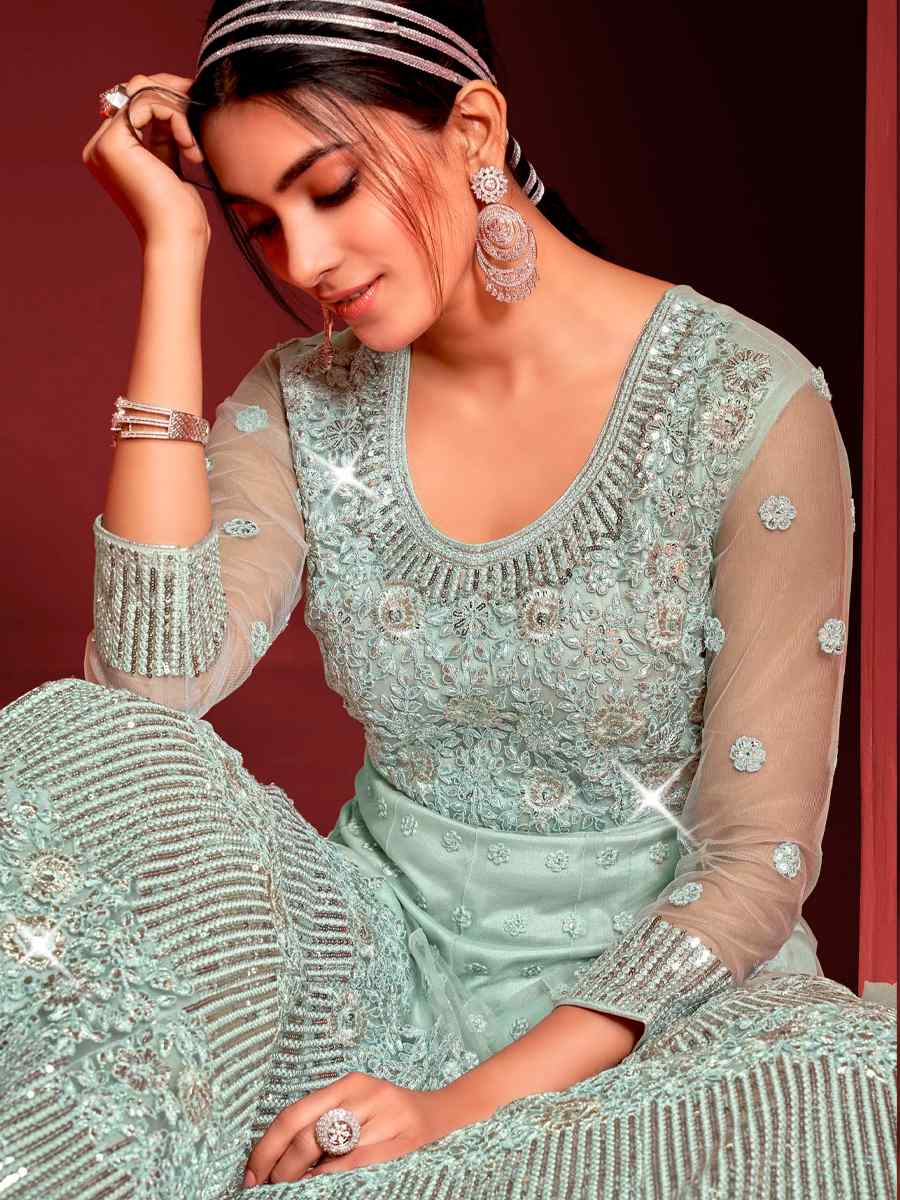 Sea Green Buterfly Net Embroidered Wedding Festival Anarkali Salwar Kameez