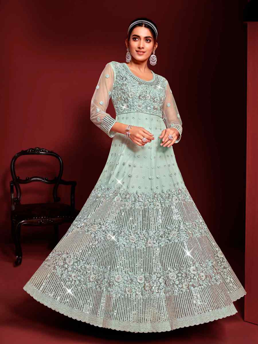 Sea Green Buterfly Net Embroidered Wedding Festival Anarkali Salwar Kameez