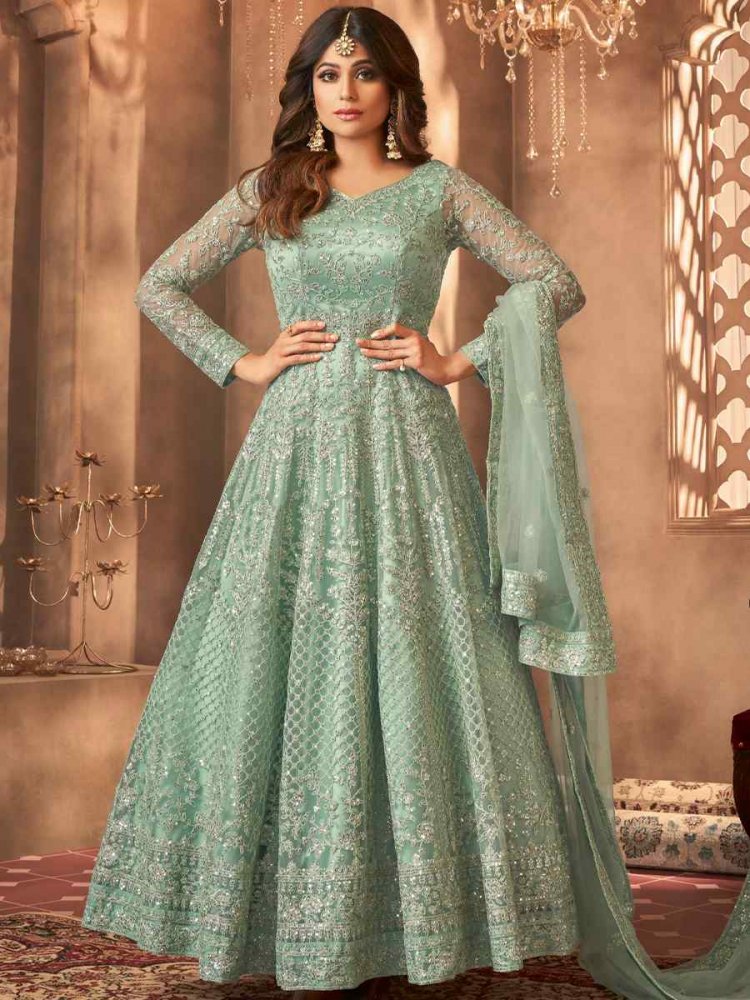 Sea Green Butterfly Net Embroidered Engagement Party Anarkali Salwar Kameez