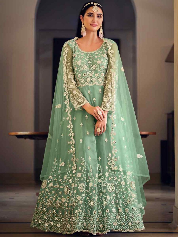 Sea Green Butterfly Net Embroidered Festival Party Anarkali Salwar Kameez