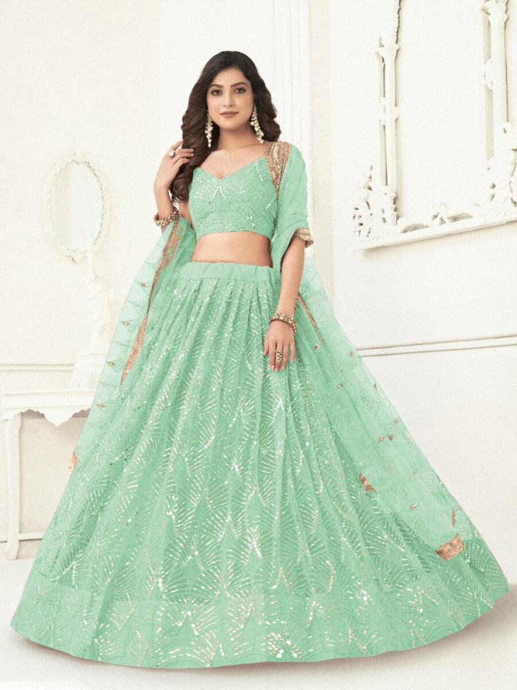 Image of Sea Green Butterfly Net Embroidery Sequins Wedding Festival Party Wear Traditional Lehenga Choli