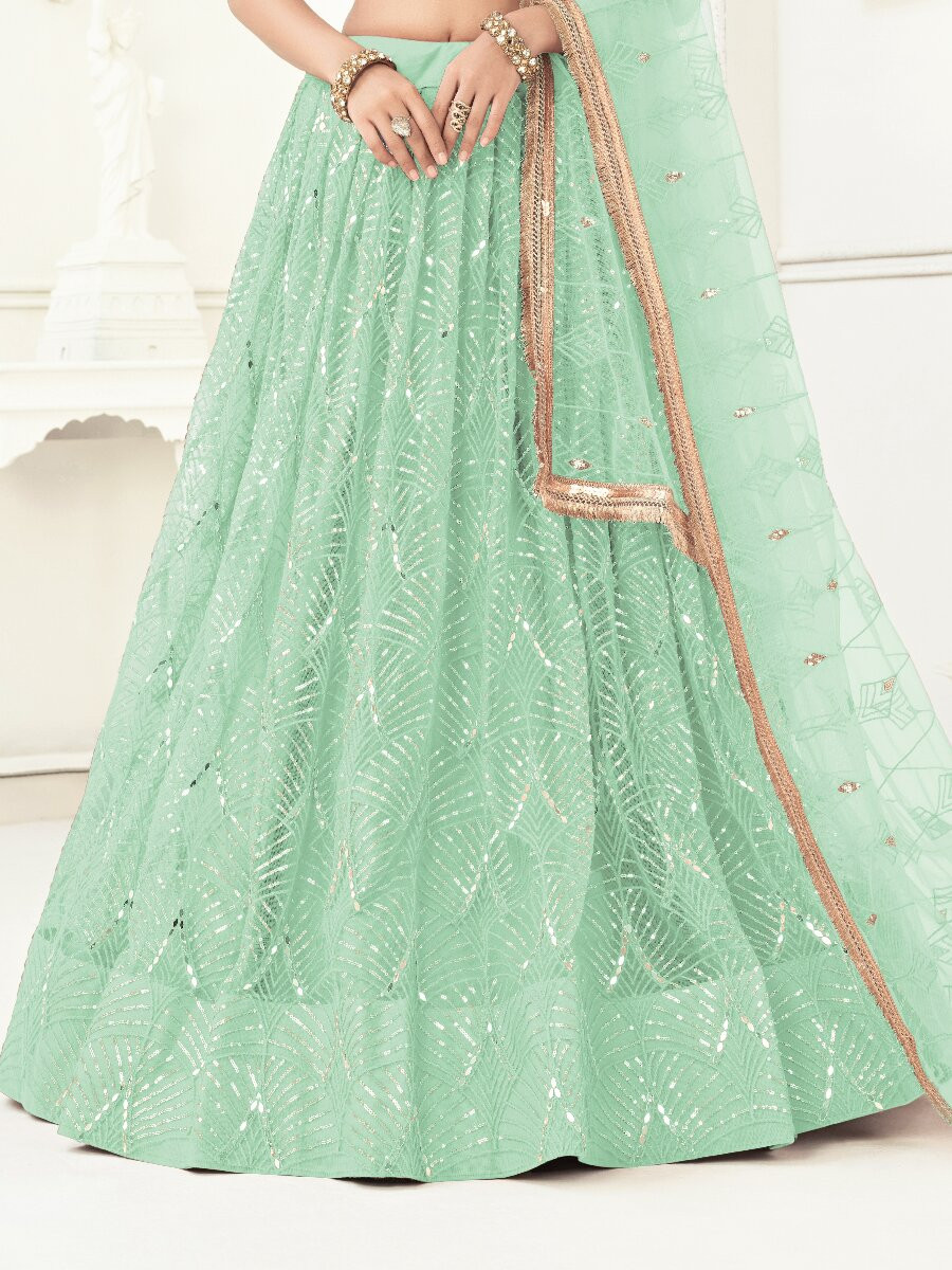 Sea Green Butterfly Net Embroidery Sequins Wedding Festival Party Wear Traditional Lehenga Choli