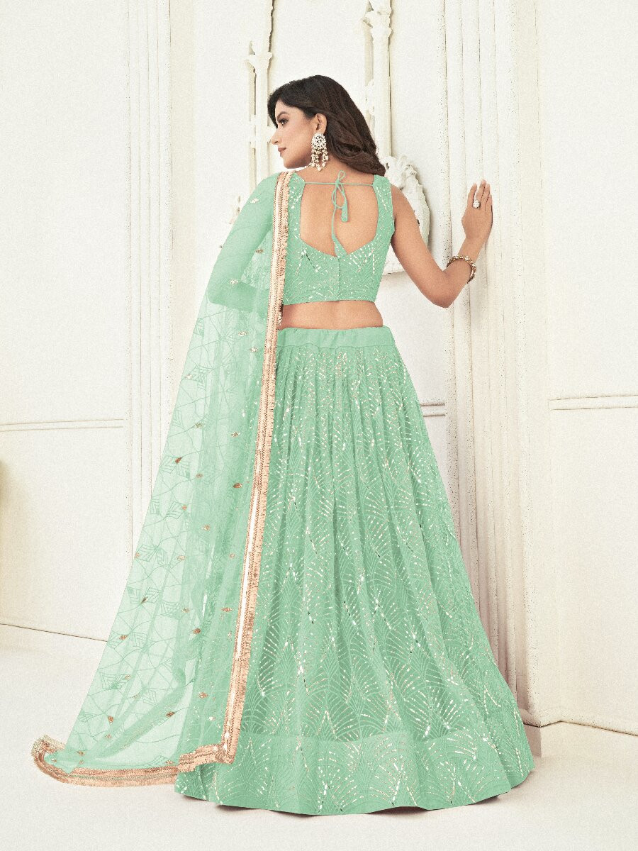Sea Green Butterfly Net Embroidery Sequins Wedding Festival Party Wear Traditional Lehenga Choli
