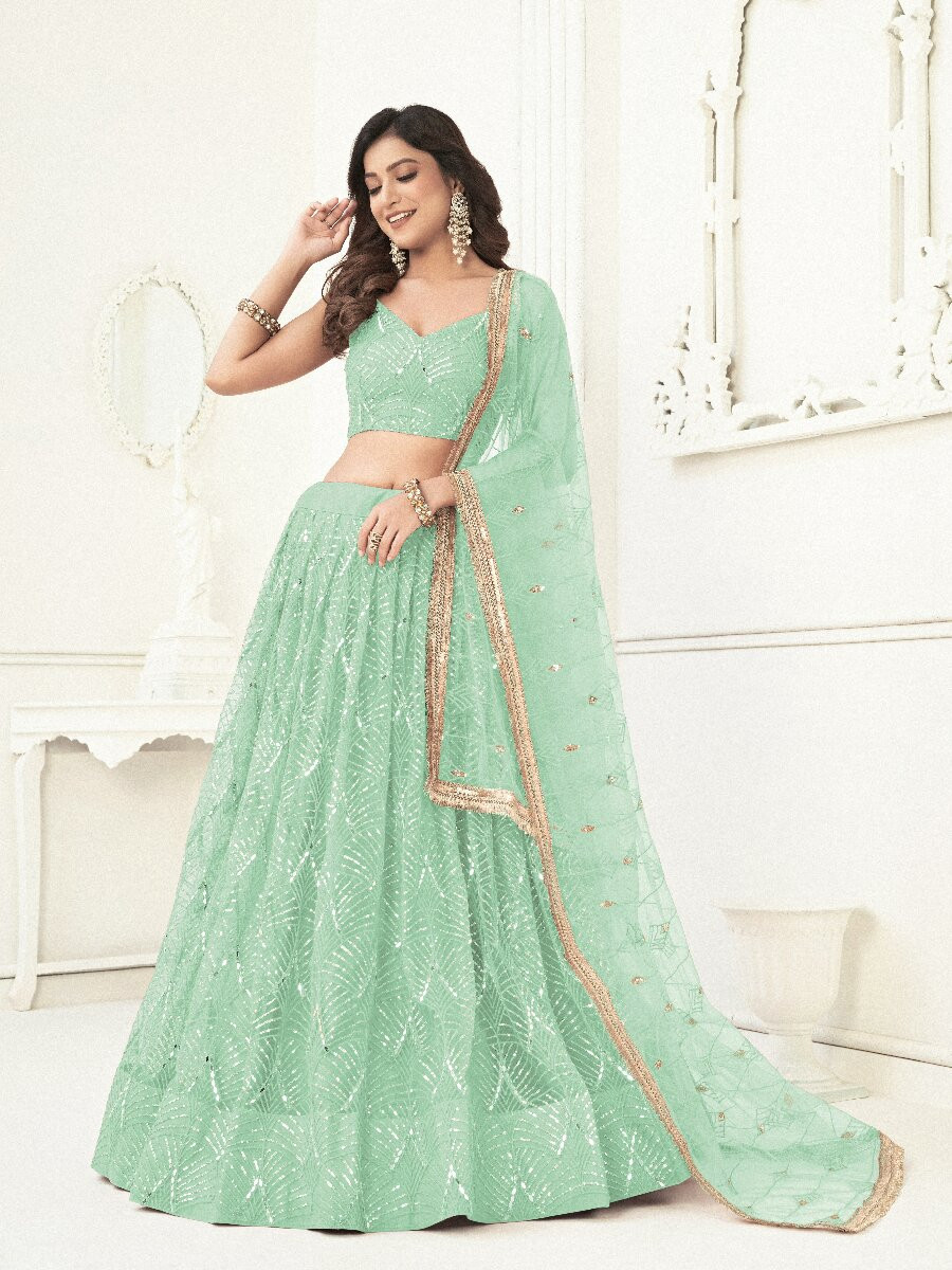 Sea Green Butterfly Net Embroidery Sequins Wedding Festival Party Wear Traditional Lehenga Choli