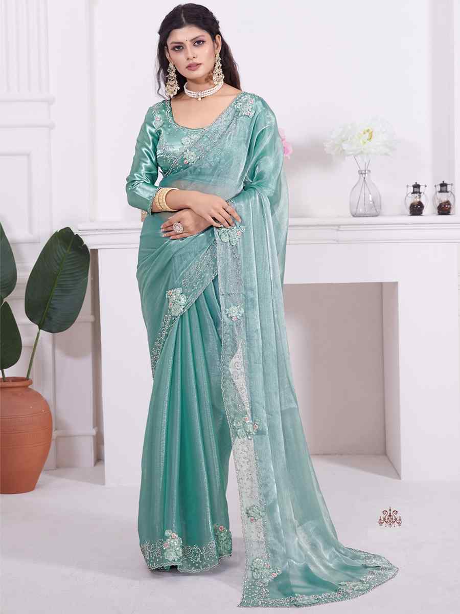 Sea Green Butterfly Silk Embroidered Party Reception Heavy Border Saree