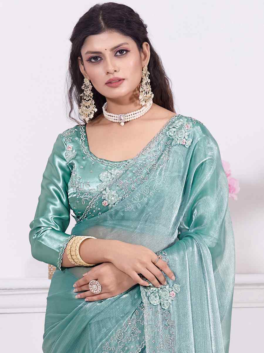 Sea Green Butterfly Silk Embroidered Party Reception Heavy Border Saree