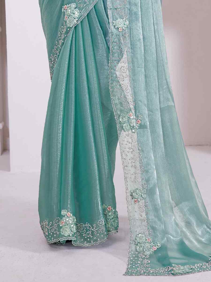 Sea Green Butterfly Silk Embroidered Party Reception Heavy Border Saree
