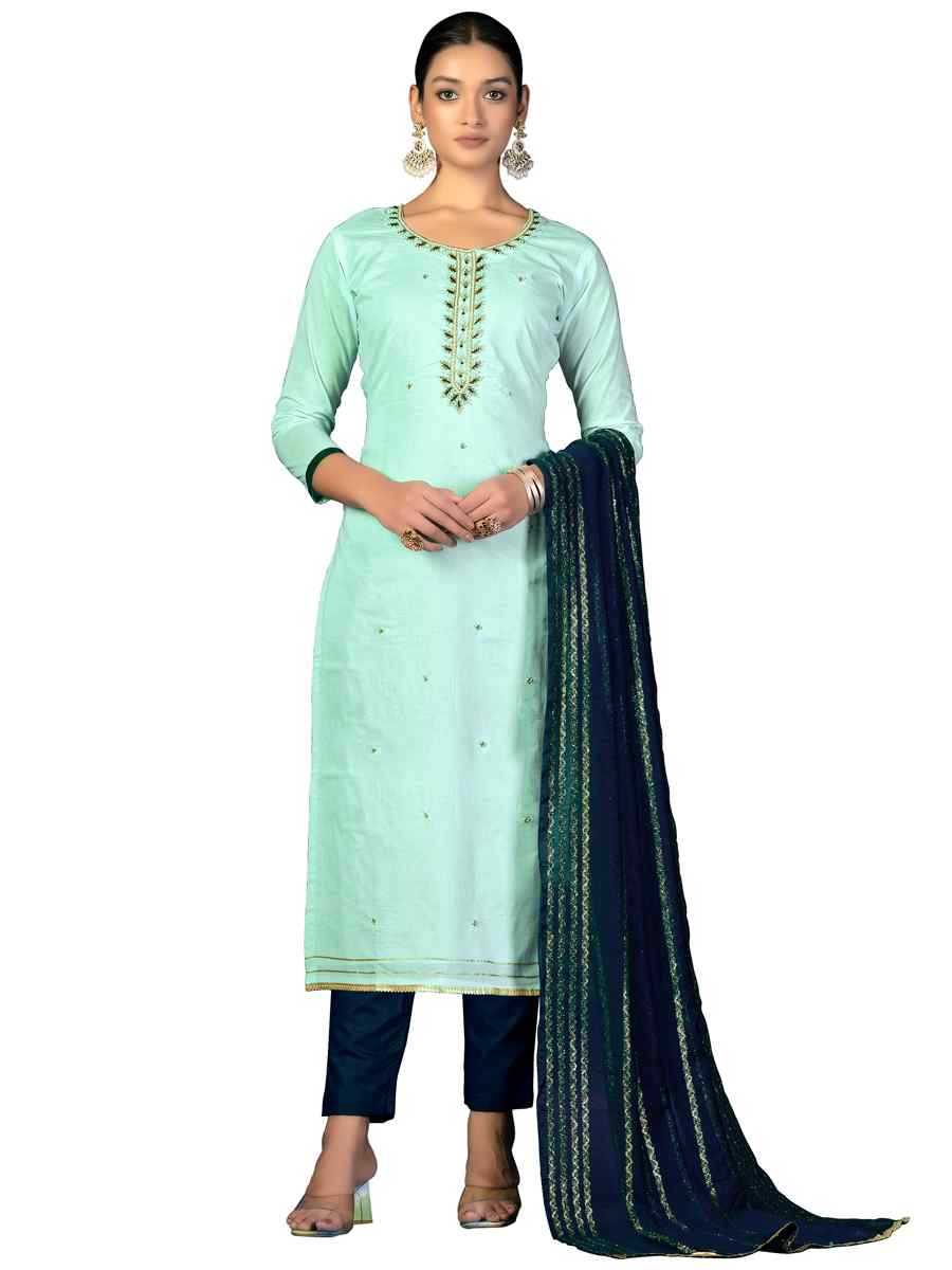 Sea Green Cambric Cotton Handwoven Casual Festival Pant Salwar Kameez