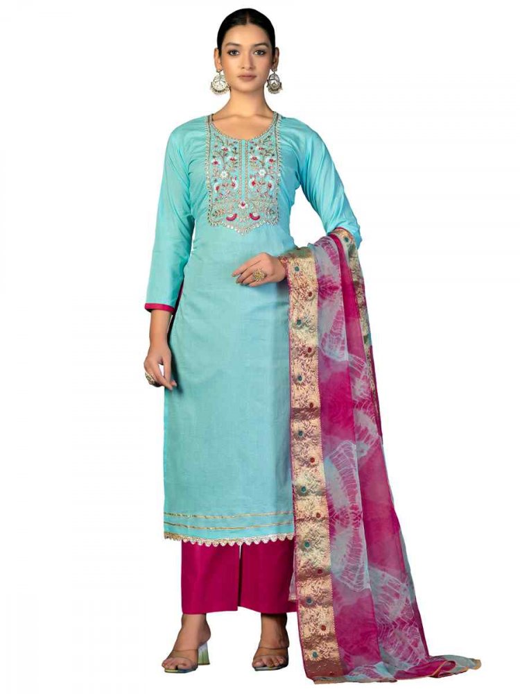 Sea Green Cambric Cotton Handwoven Casual Festival Pant Salwar Kameez