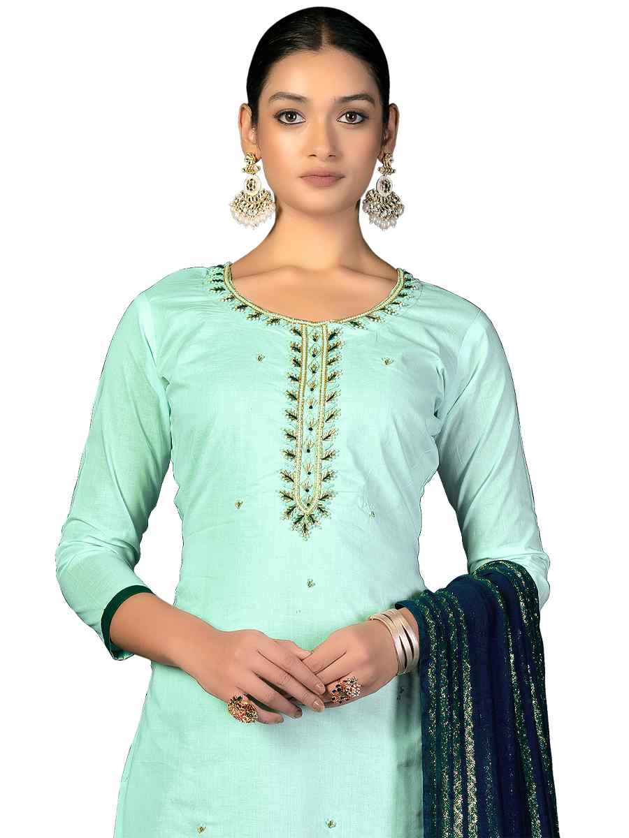 Sea Green Cambric Cotton Handwoven Casual Festival Pant Salwar Kameez