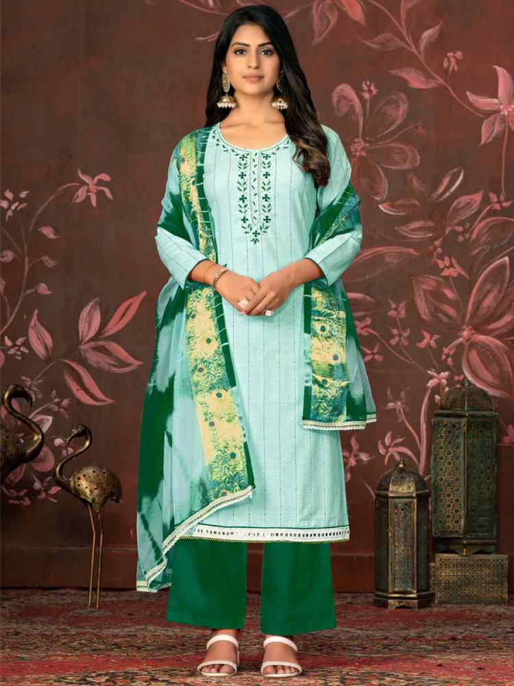 Sea Green Cembric Cotton Embroidered Casual Festival Pant Salwar Kameez