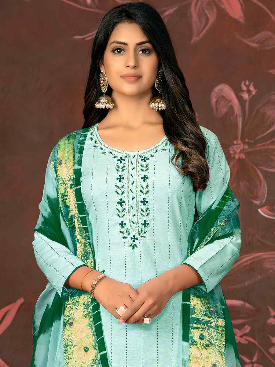 Sea Green Cembric Cotton Embroidered Casual Festival Pant Salwar Kameez