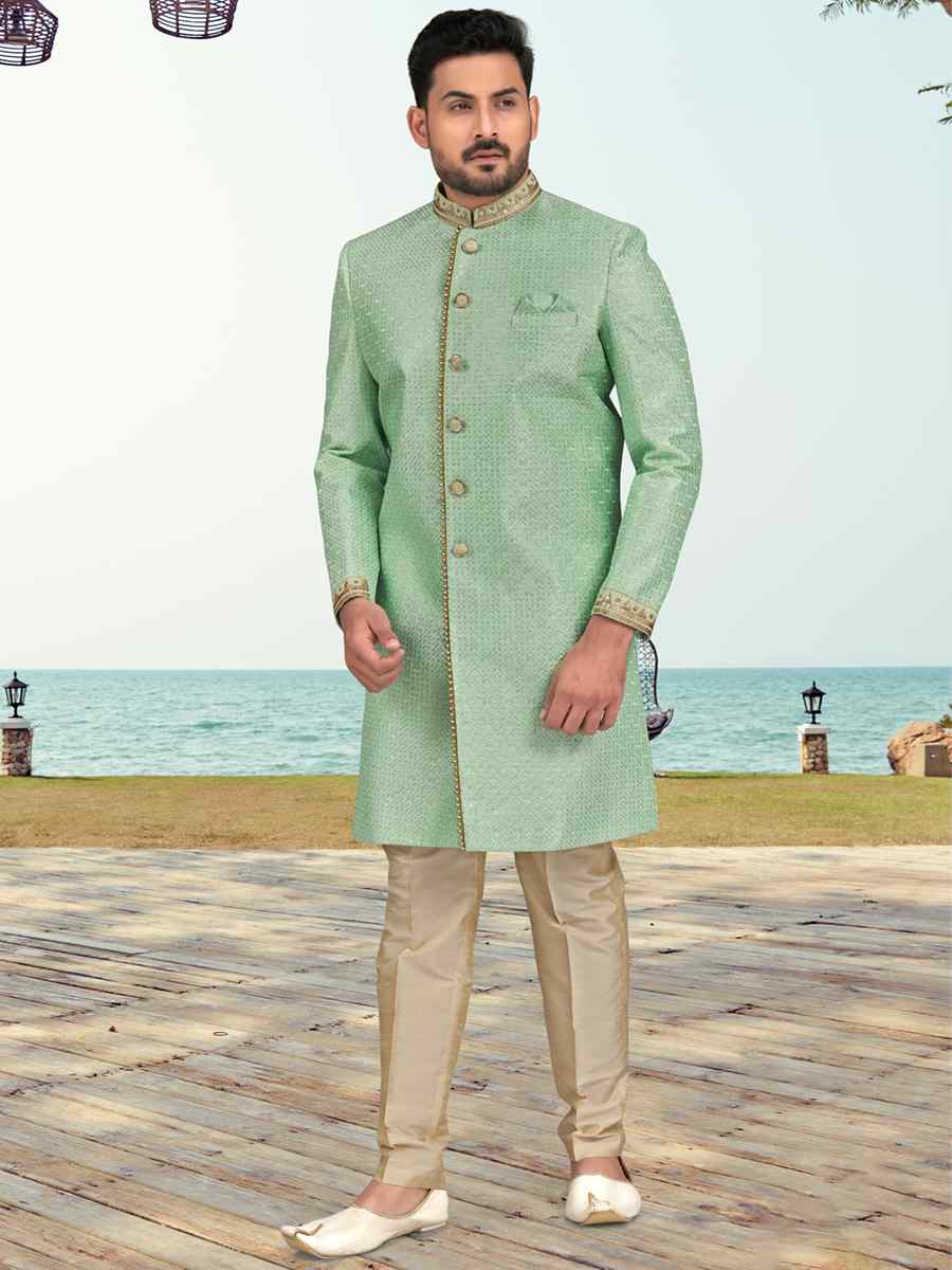 Sea Green Champion Silk Printed Festival Party Sherwani