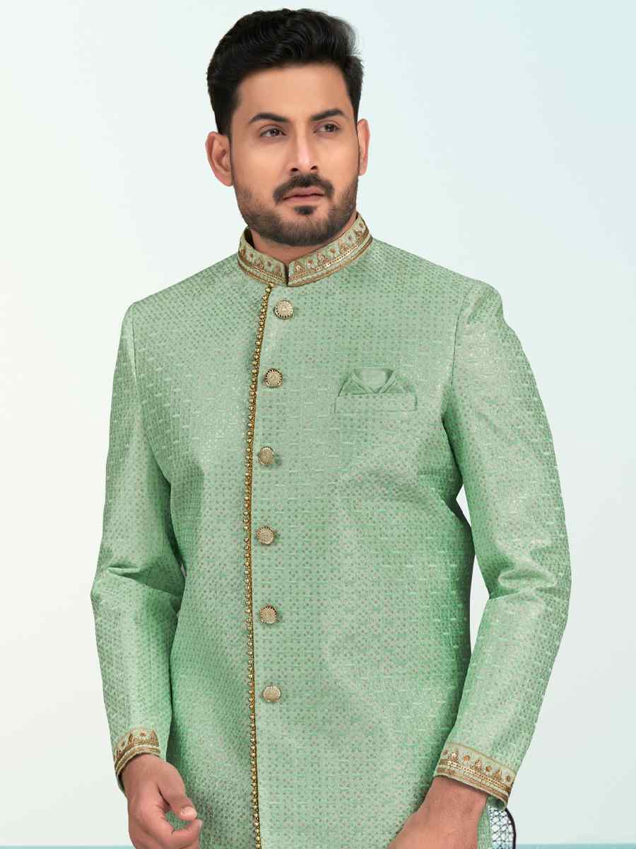 Sea Green Champion Silk Printed Festival Party Sherwani