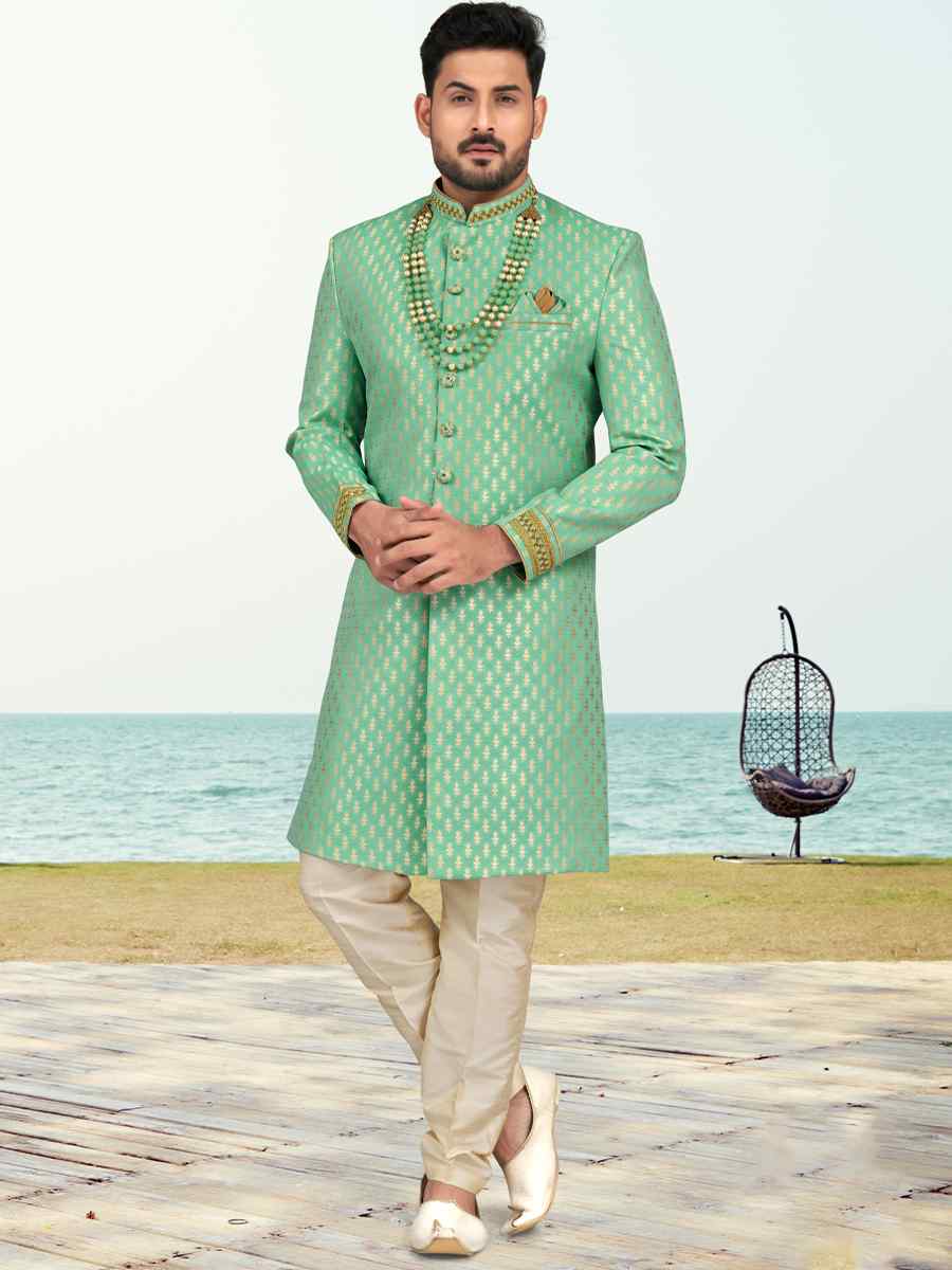 Sea Green Champion Silk Printed Festival Party Sherwani