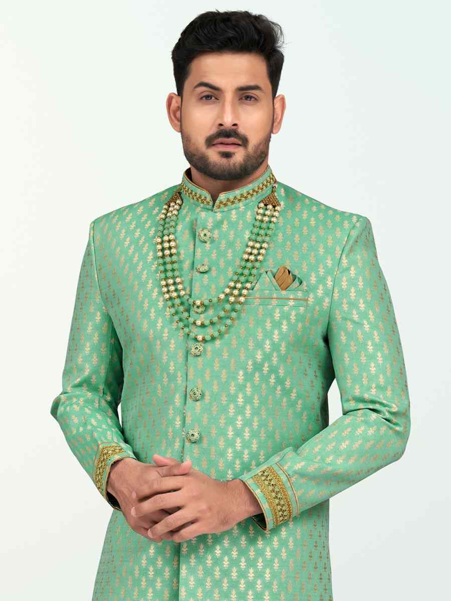 Sea Green Champion Silk Printed Festival Party Sherwani