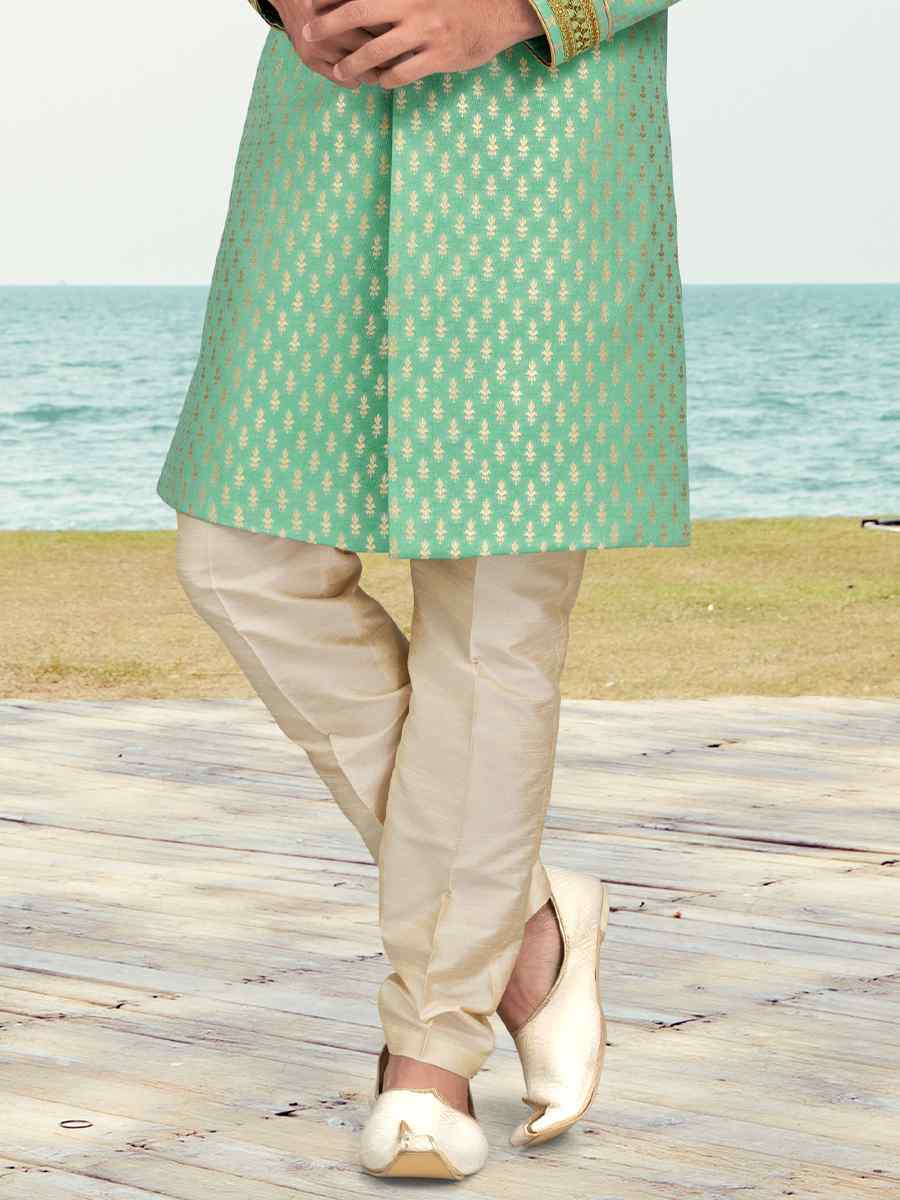 Sea Green Champion Silk Printed Festival Party Sherwani