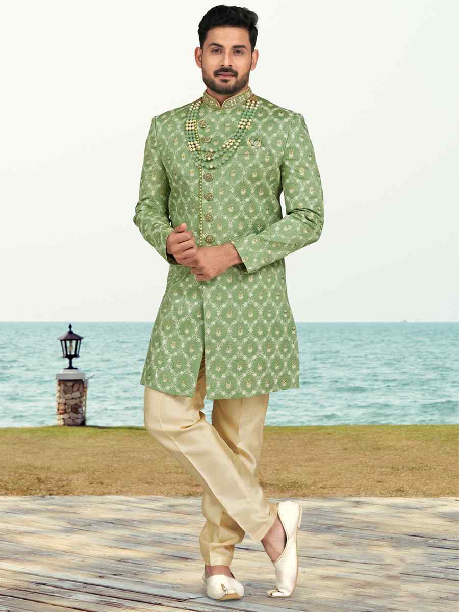 Sea Green Champion Silk Printed Festival Party Sherwani