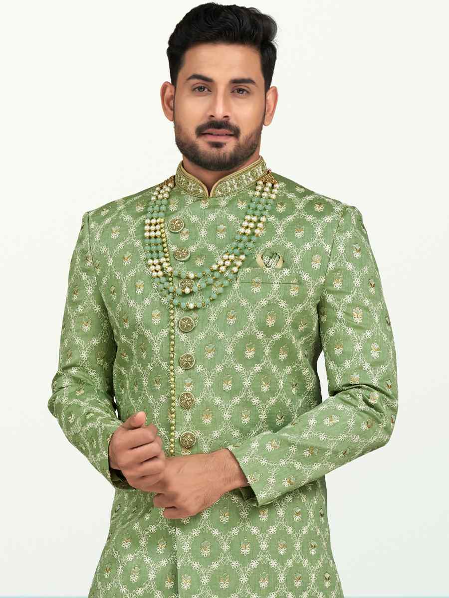 Sea Green Champion Silk Printed Festival Party Sherwani