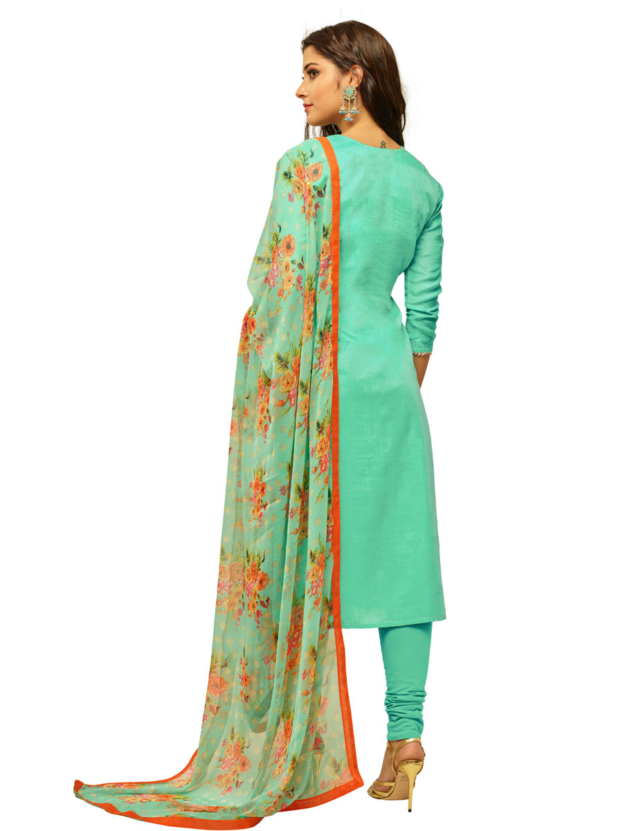 Sea Green Chanderi Cotton Embroidered Party Churidar Pant Kameez