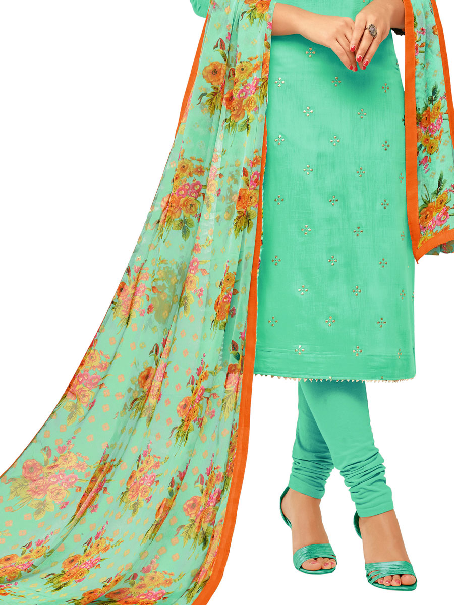 Sea Green Chanderi Cotton Embroidered Party Churidar Pant Kameez