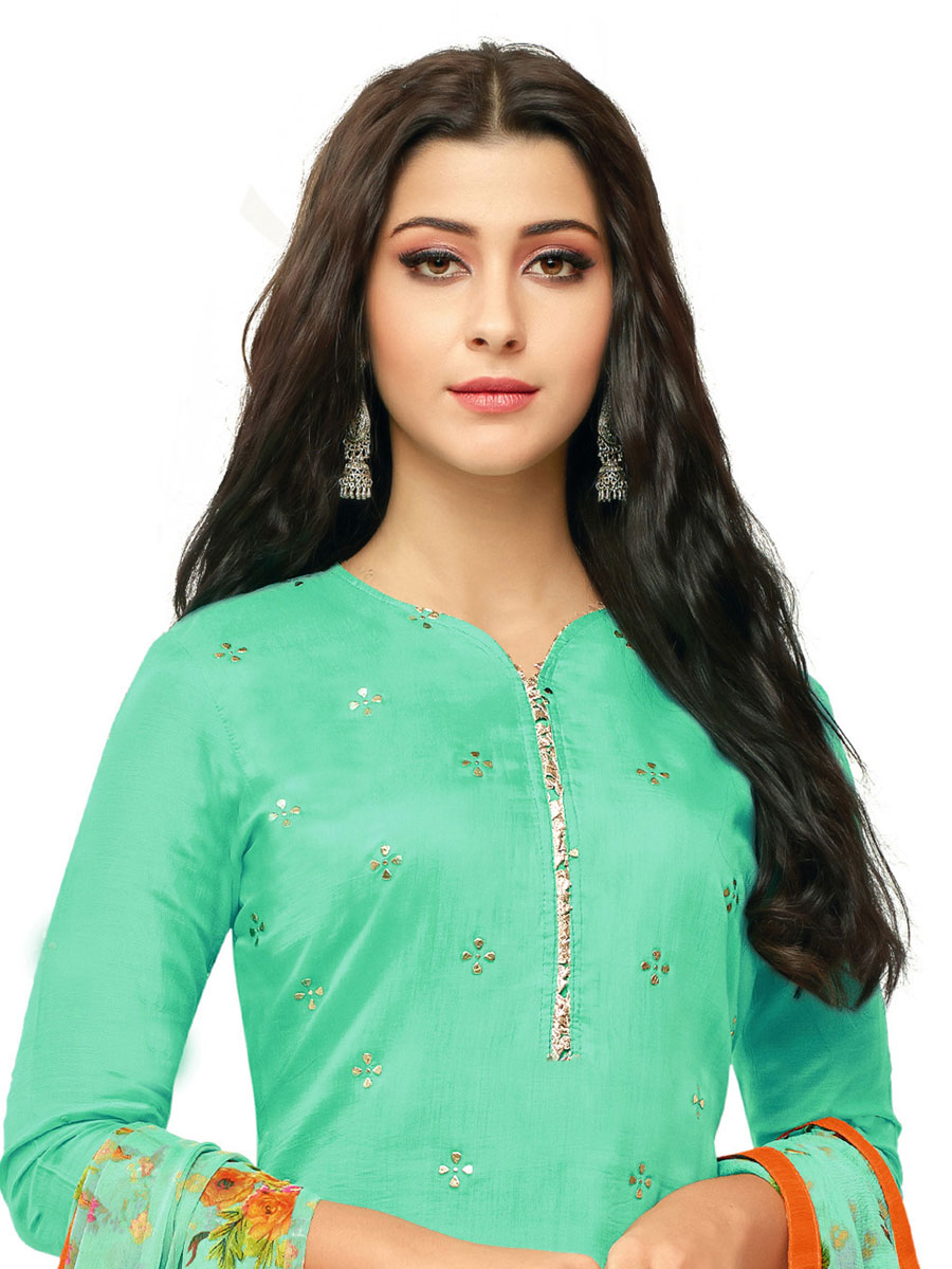 Sea Green Chanderi Cotton Embroidered Party Churidar Pant Kameez