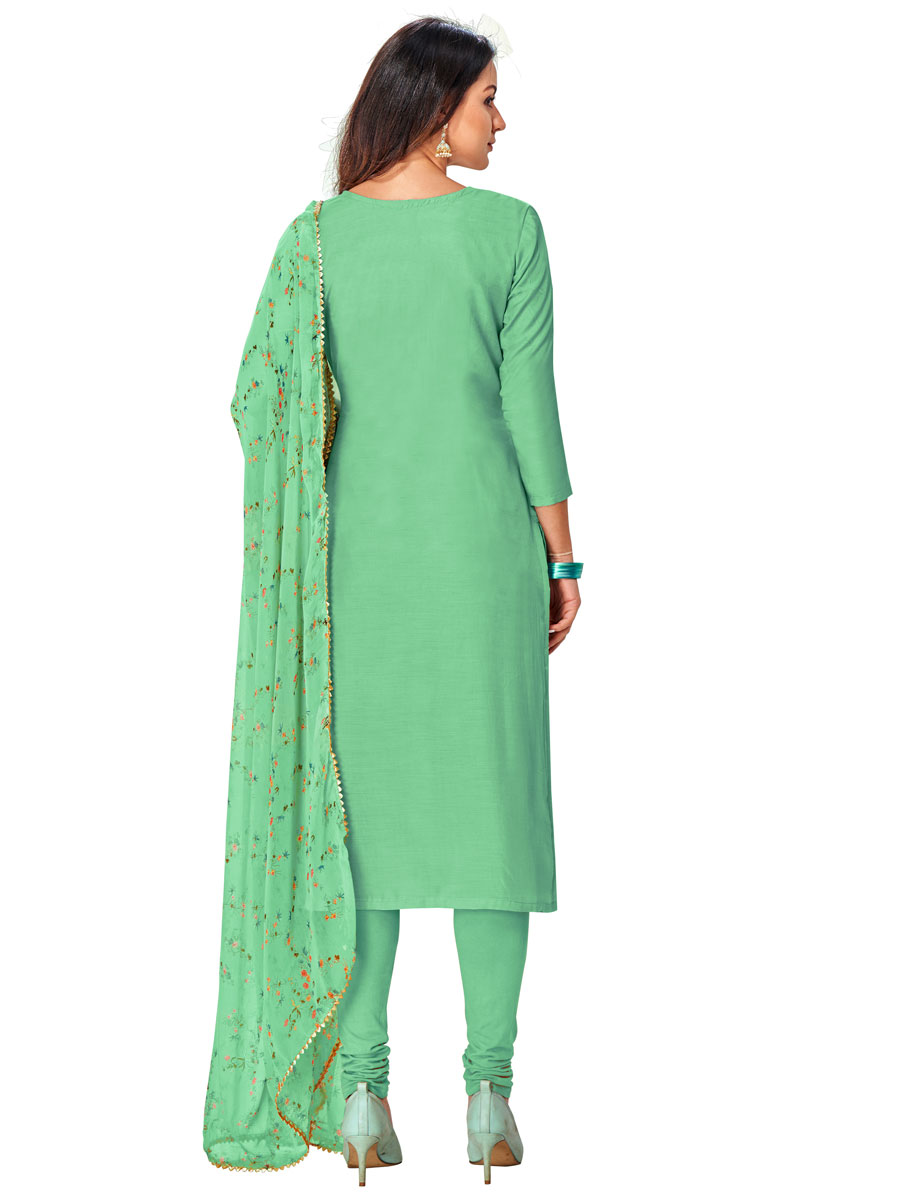 Sea Green Chanderi Cotton Embroidered Party Churidar Pant Kameez